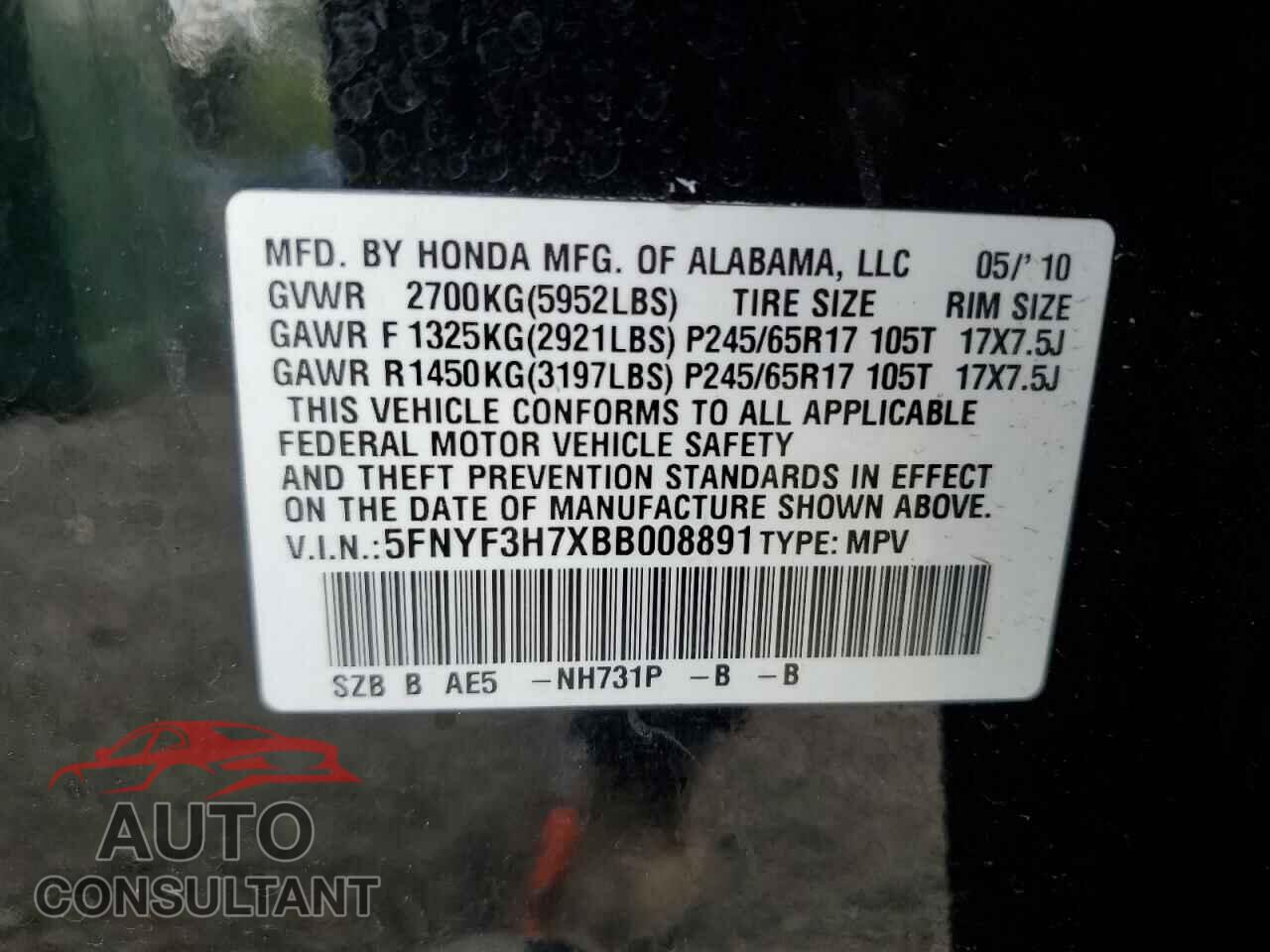 HONDA PILOT 2011 - 5FNYF3H7XBB008891