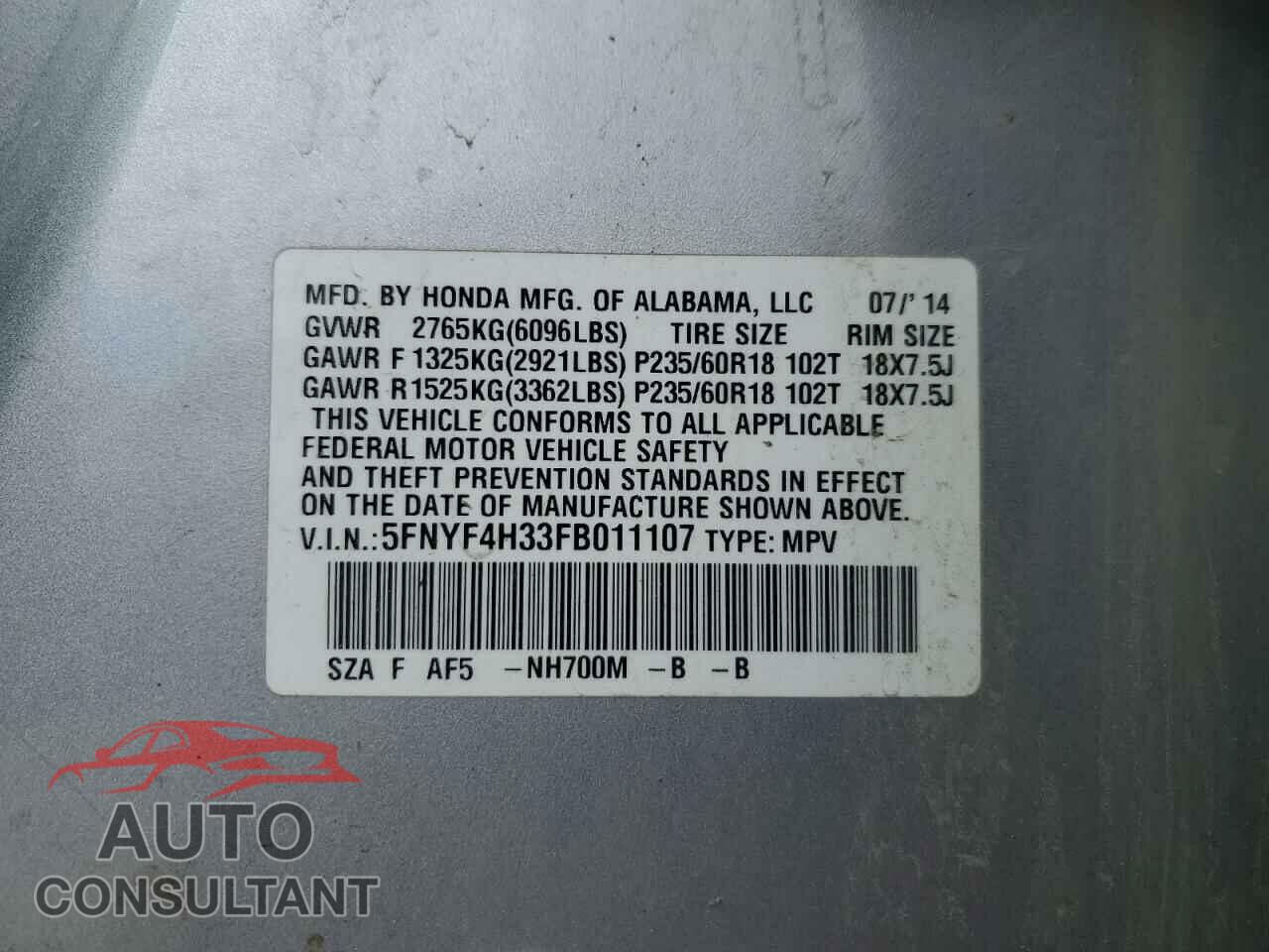 HONDA PILOT 2015 - 5FNYF4H33FB011107