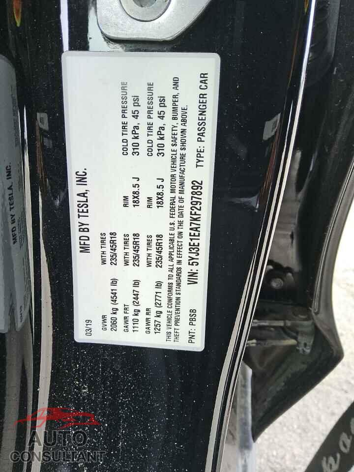 TESLA MODEL 3 2019 - 5YJ3E1EA7KF297892