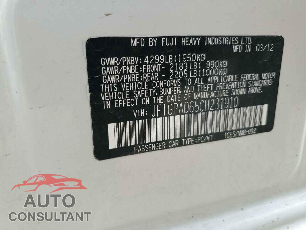 SUBARU IMPREZA 2012 - JF1GPAD65CH231910