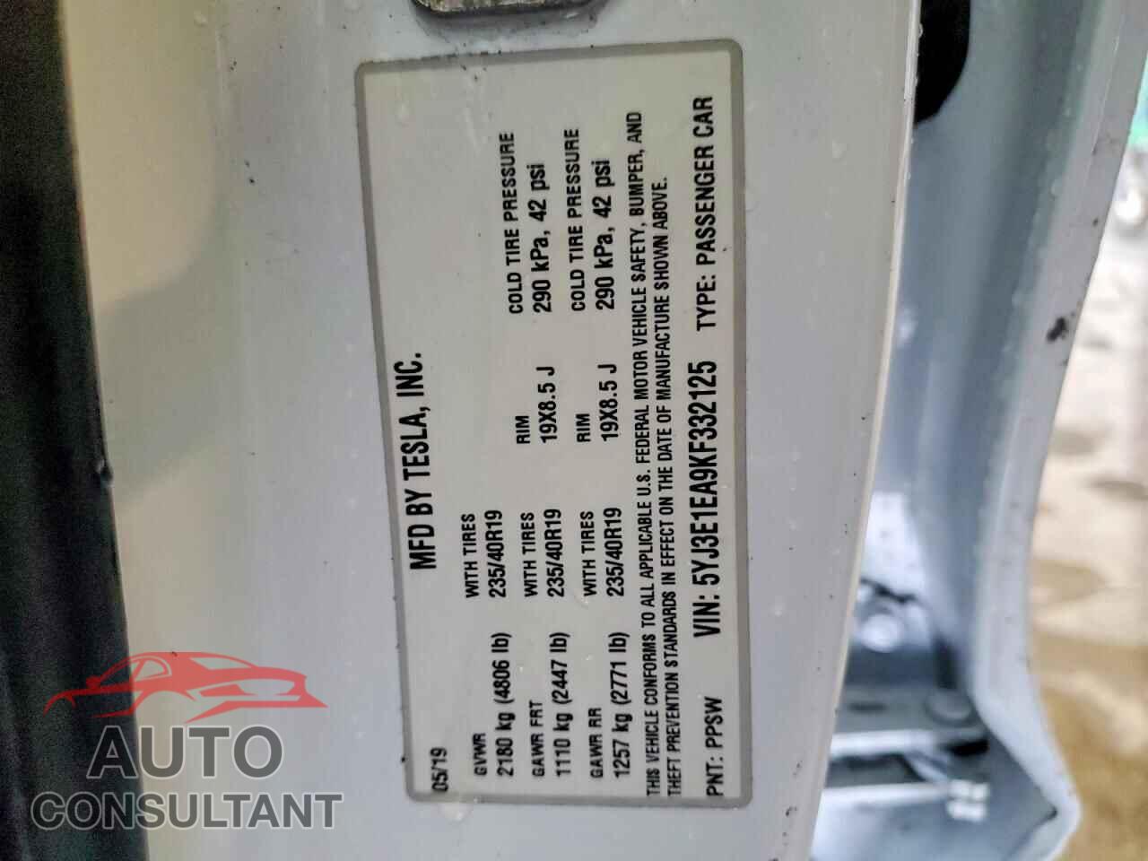 TESLA MODEL 3 2019 - 5YJ3E1EA9KF332125