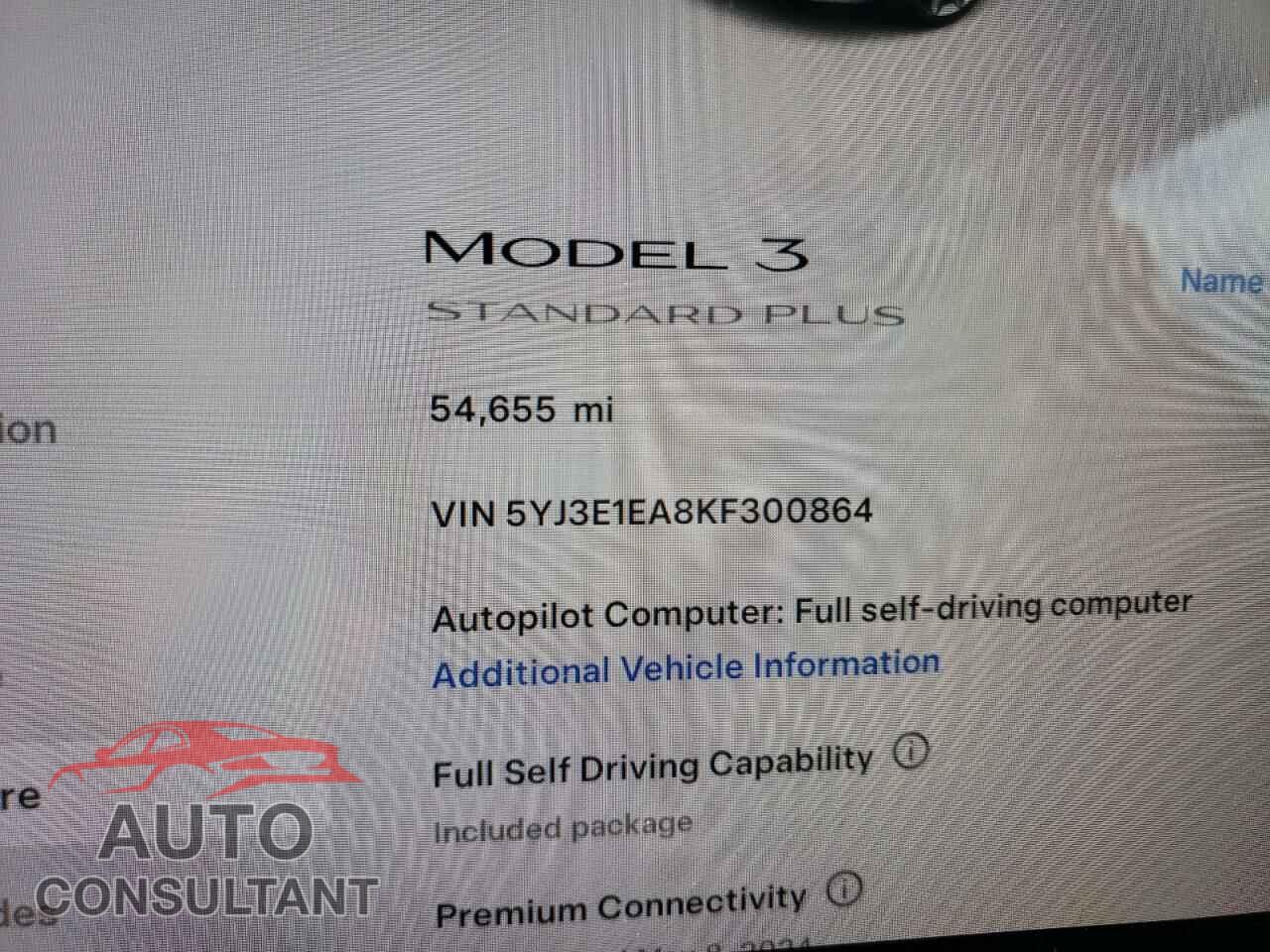 TESLA MODEL 3 2019 - 5YJ3E1EA8KF300864