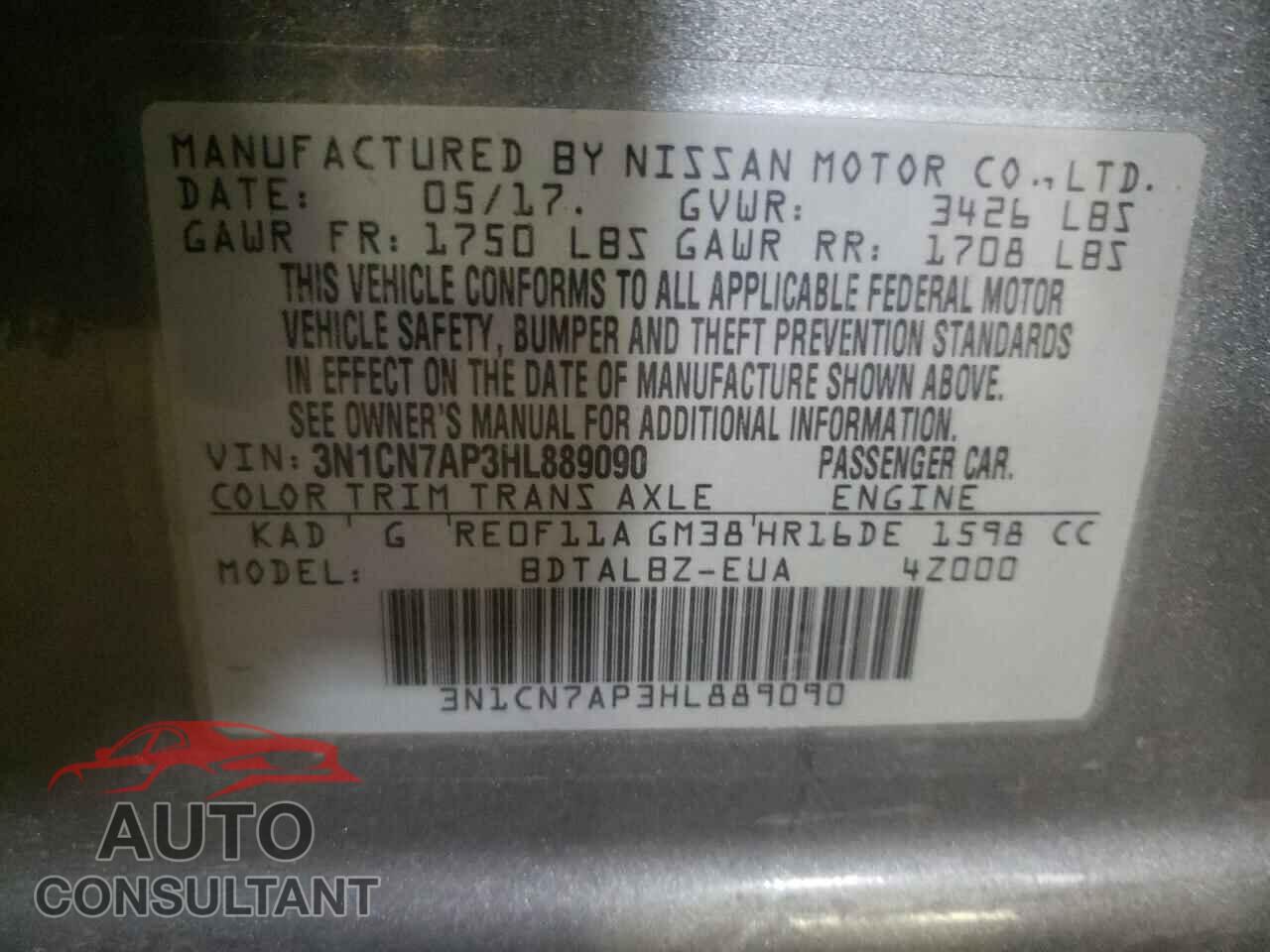 NISSAN VERSA 2017 - 3N1CN7AP3HL889090
