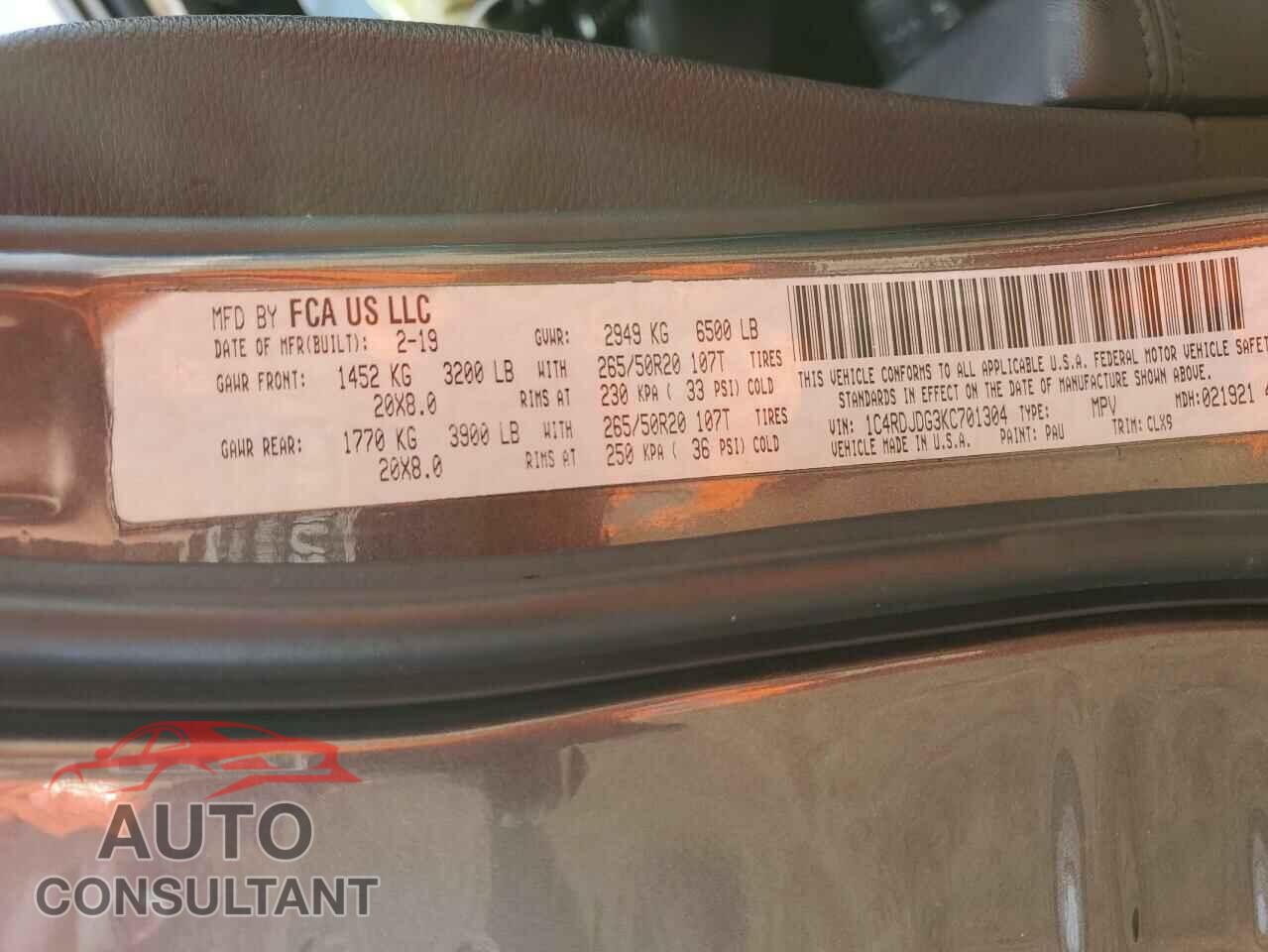 DODGE DURANGO 2019 - 1C4RDJDG3KC701304