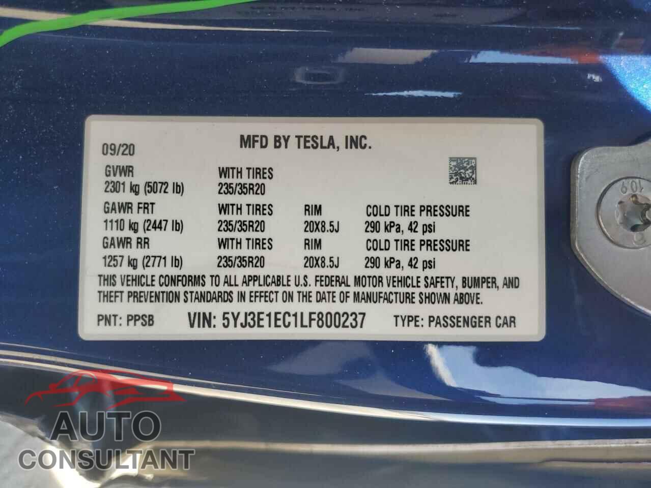 TESLA MODEL 3 2020 - 5YJ3E1EC1LF800237