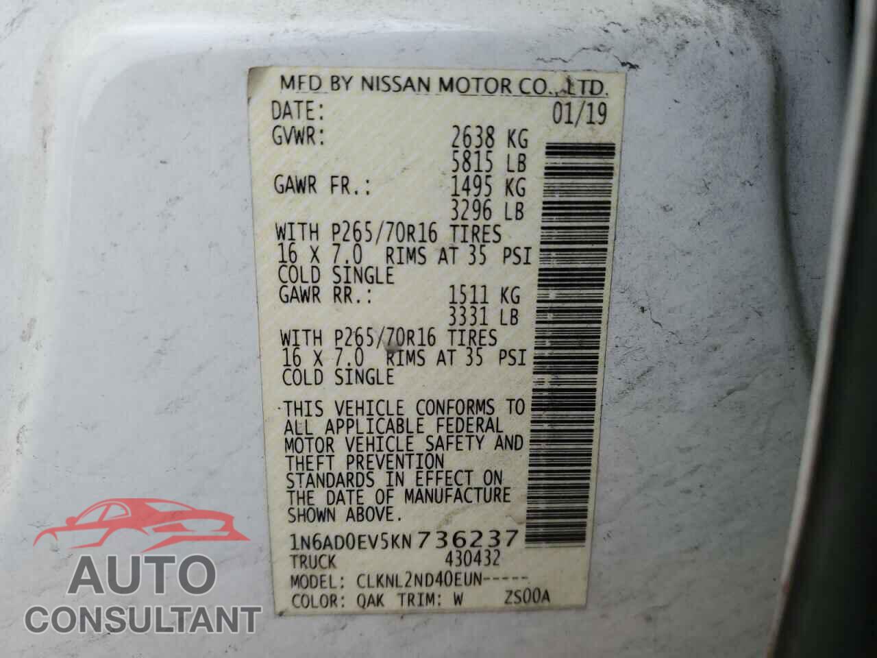 NISSAN FRONTIER 2019 - 1N6AD0EV5KN736237