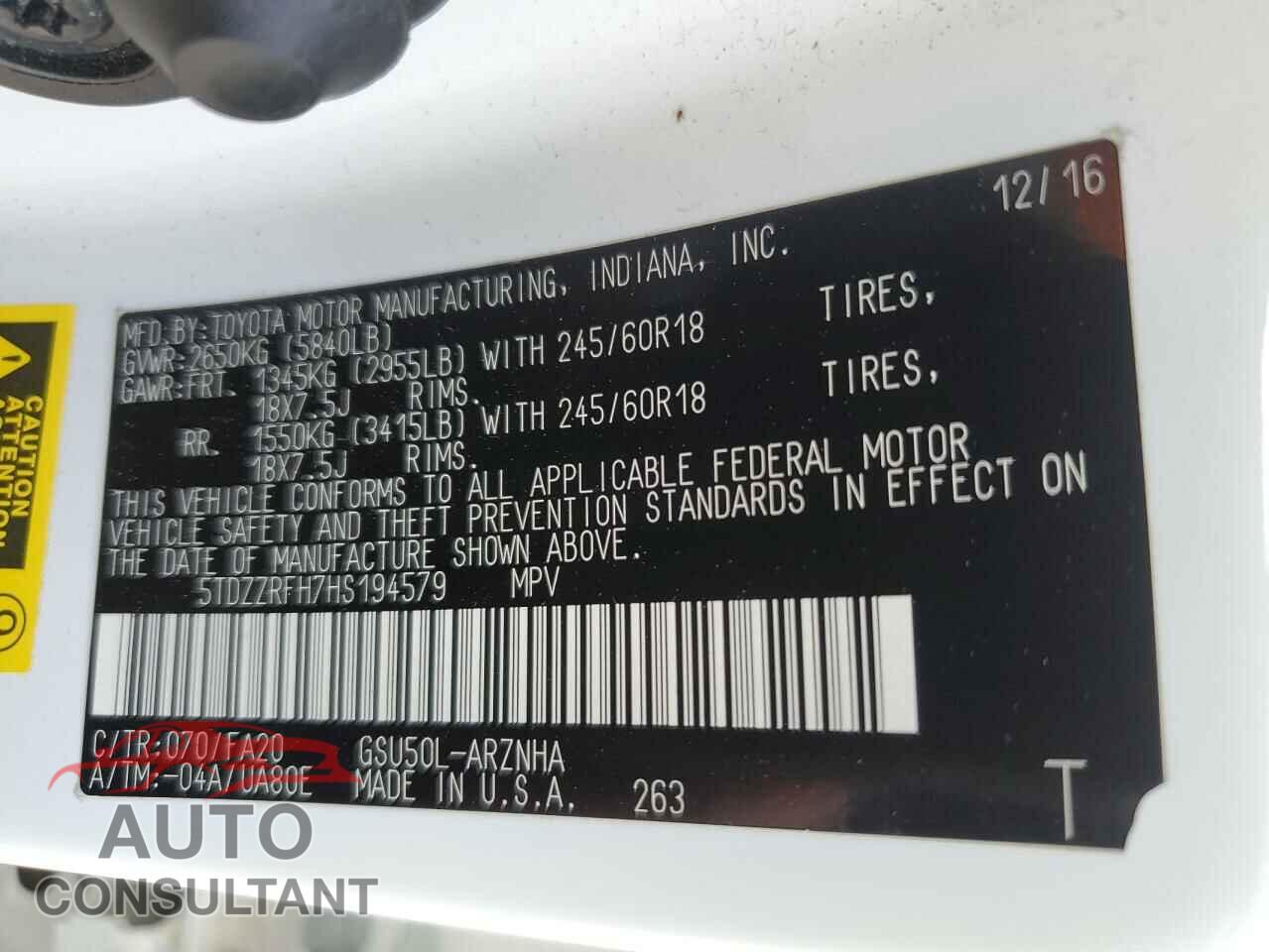 TOYOTA HIGHLANDER 2017 - 5TDZZRFH7HS194579