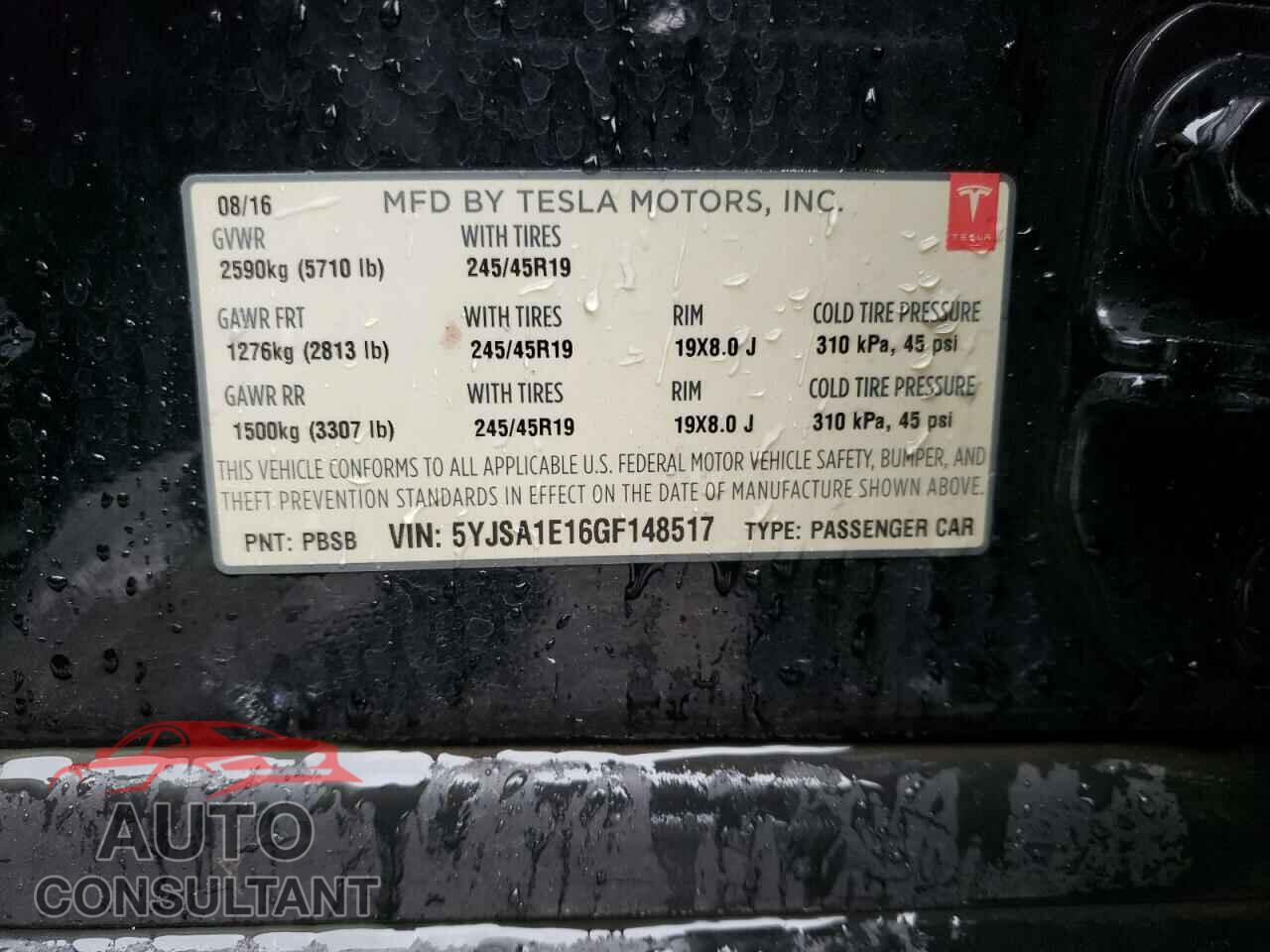 TESLA MODEL S 2016 - 5YJSA1E16GF148517