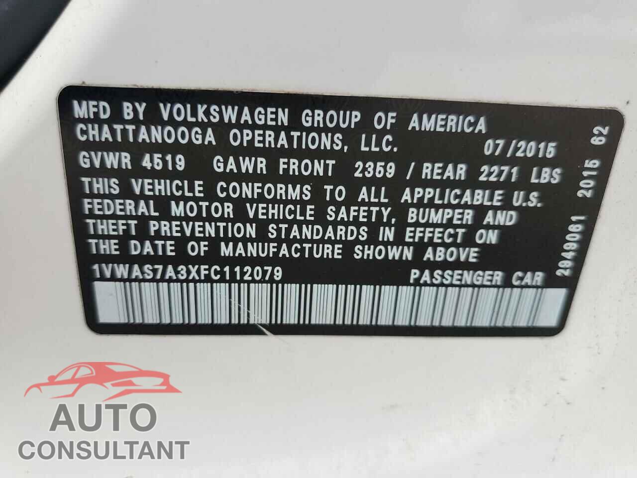 VOLKSWAGEN PASSAT 2015 - 1VWAS7A3XFC112079