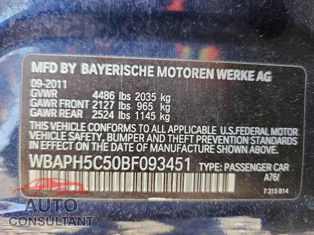 BMW 3 SERIES 2011 - WBAPH5C50BF093451