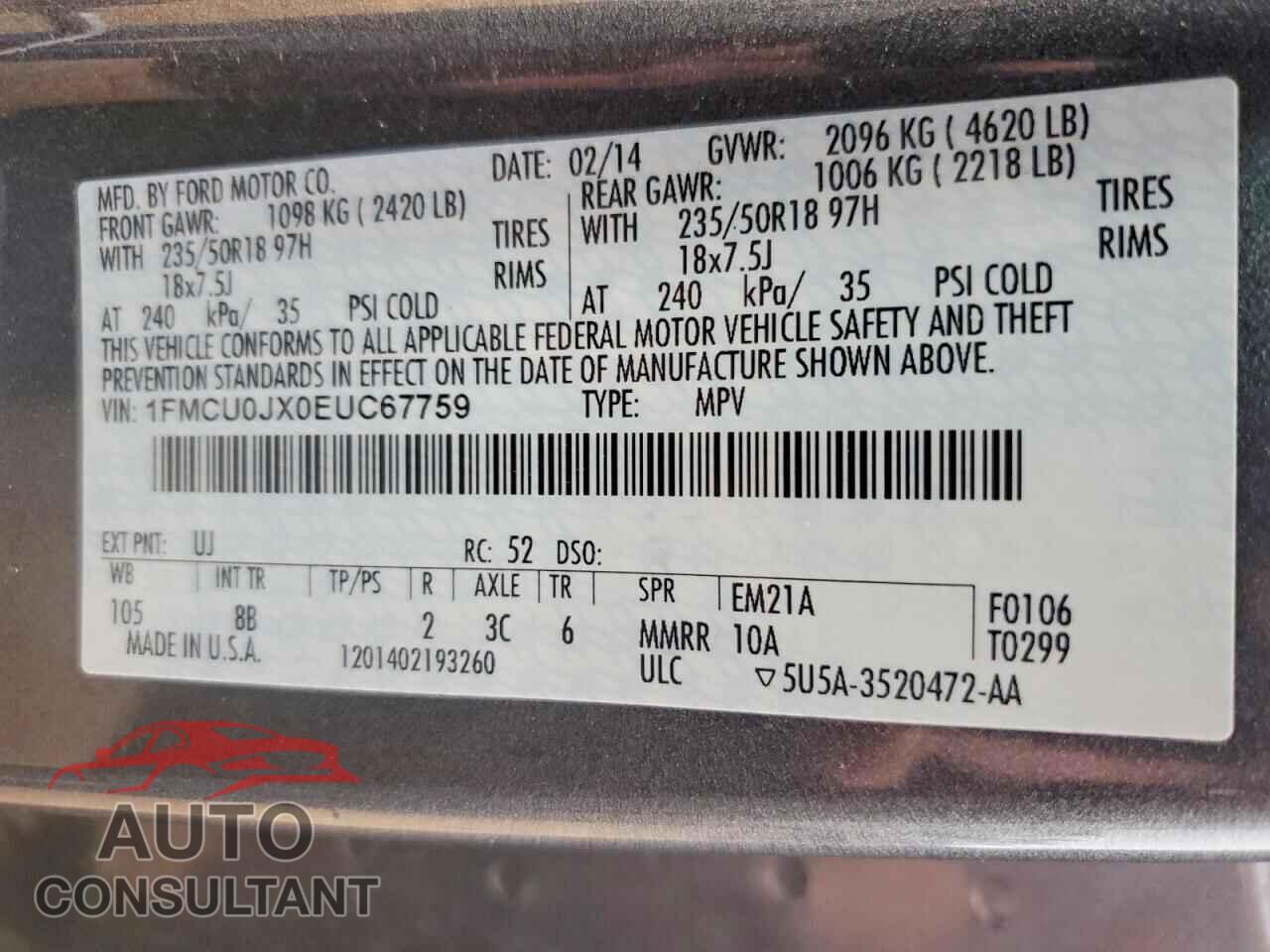 FORD ESCAPE 2014 - 1FMCU0JX0EUC67759
