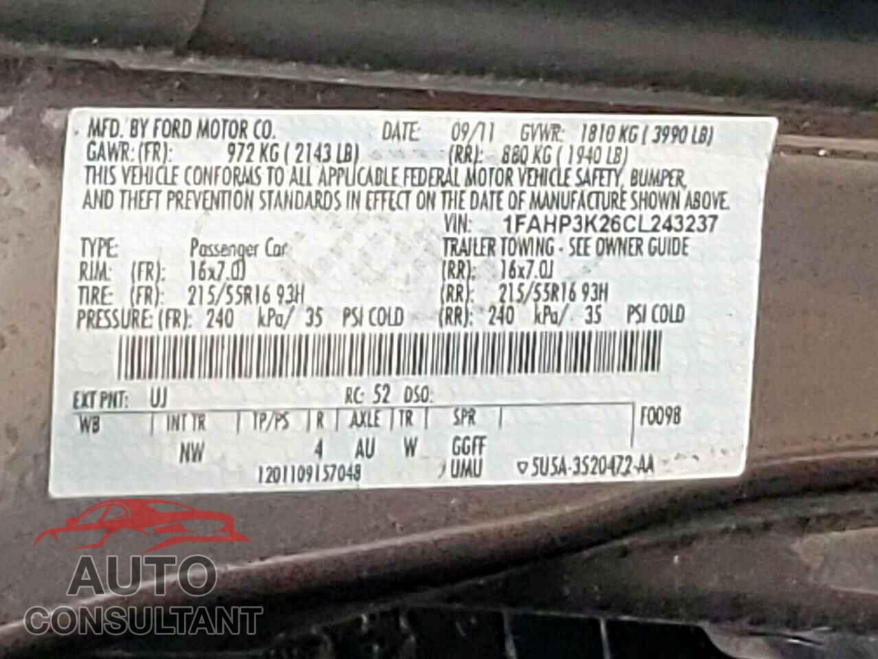 FORD FOCUS 2012 - 1FAHP3K26CL243237