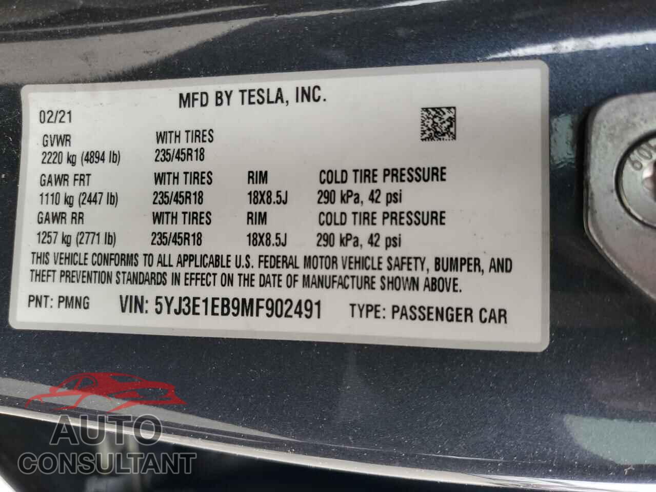 TESLA MODEL 3 2021 - 5YJ3E1EB9MF902491
