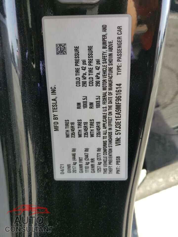 TESLA MODEL 3 2021 - 5YJ3E1EA9MF961614