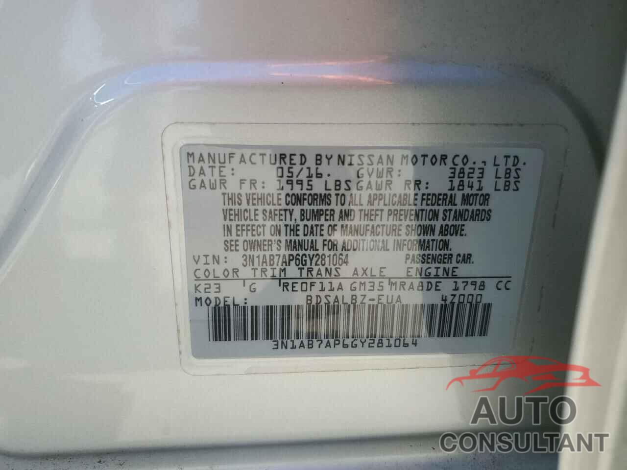 NISSAN SENTRA 2016 - 3N1AB7AP6GY281064