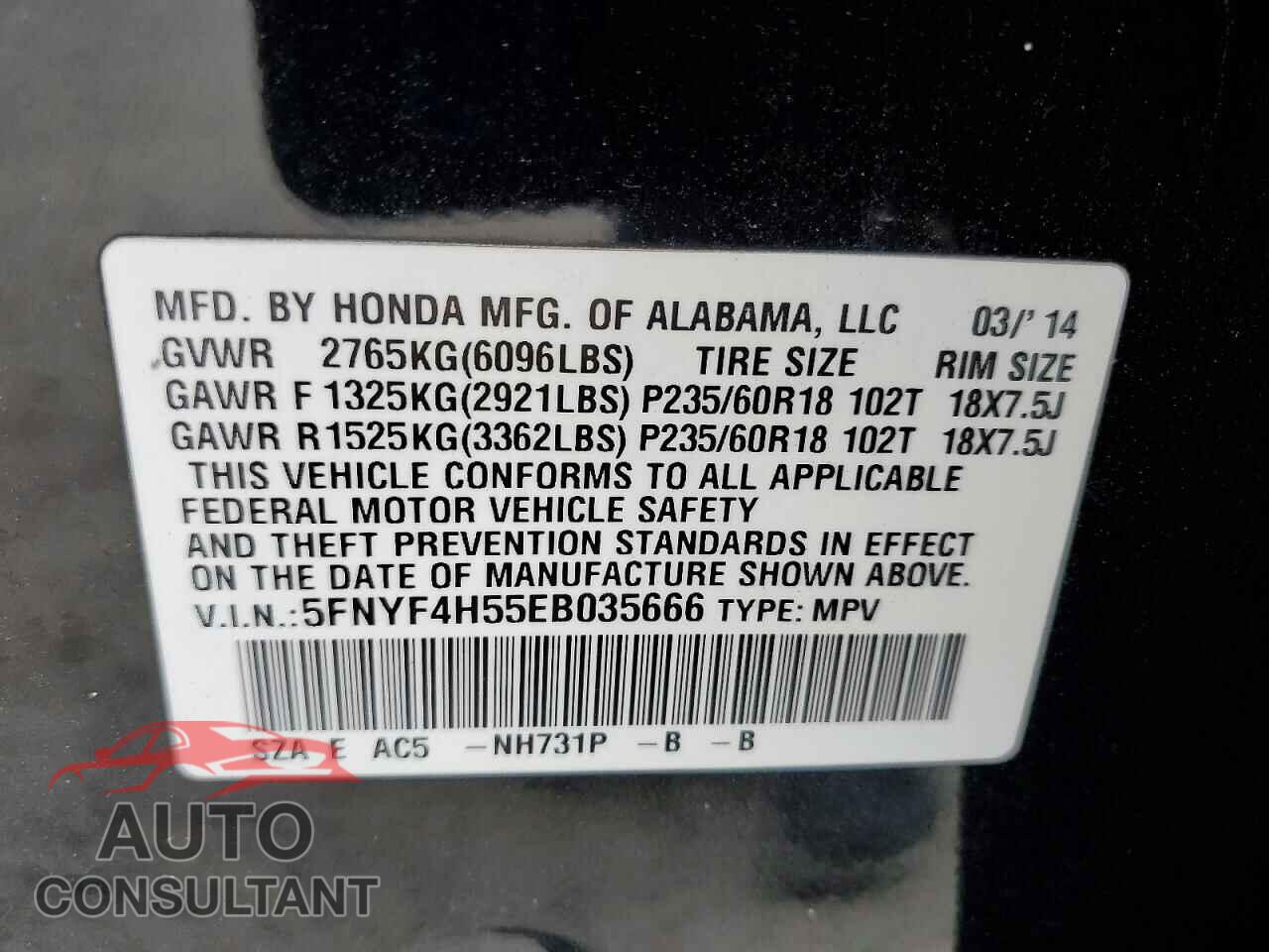 HONDA PILOT 2014 - 5FNYF4H55EB035666