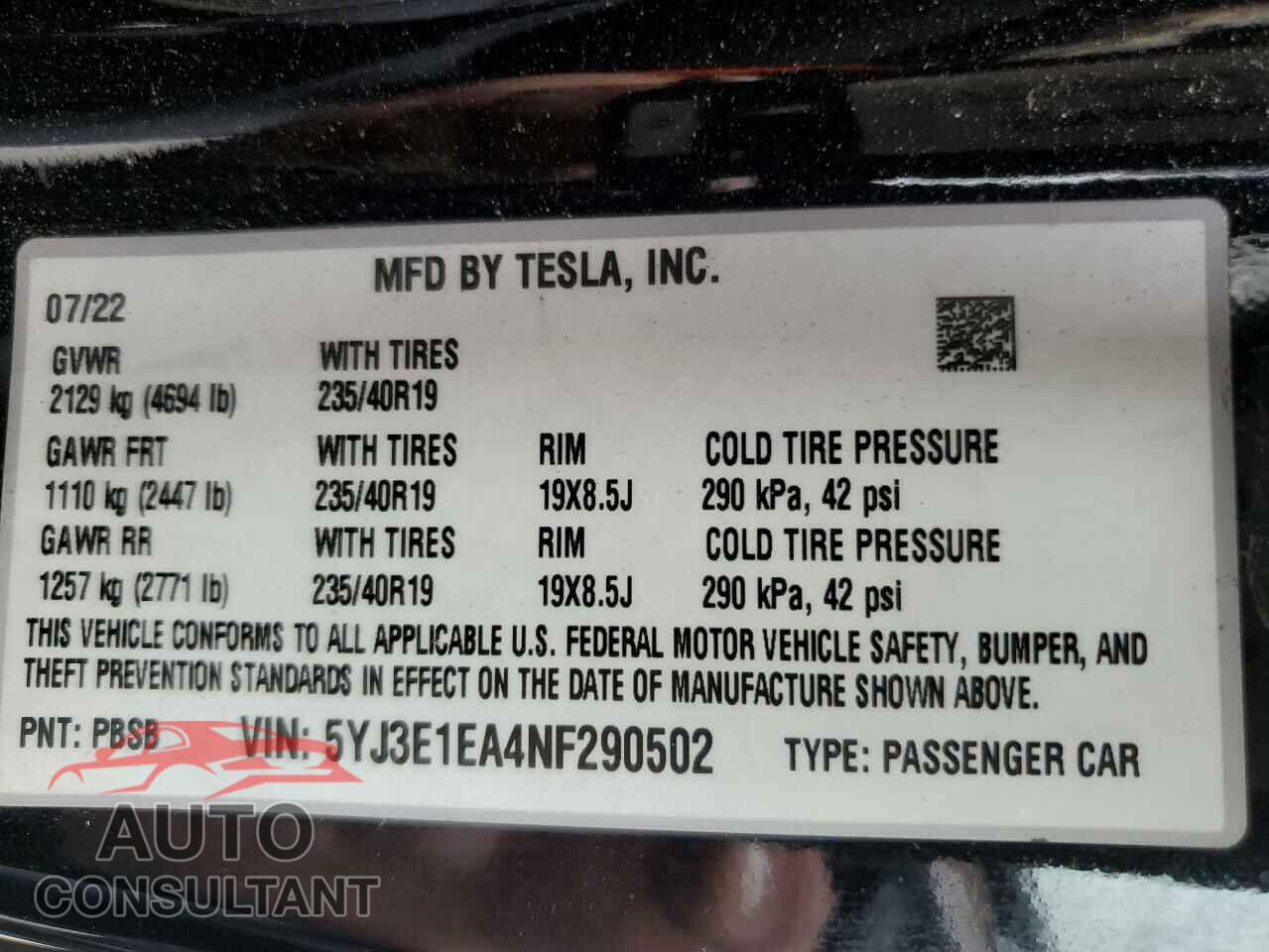 TESLA MODEL 3 2022 - 5YJ3E1EA4NF290502
