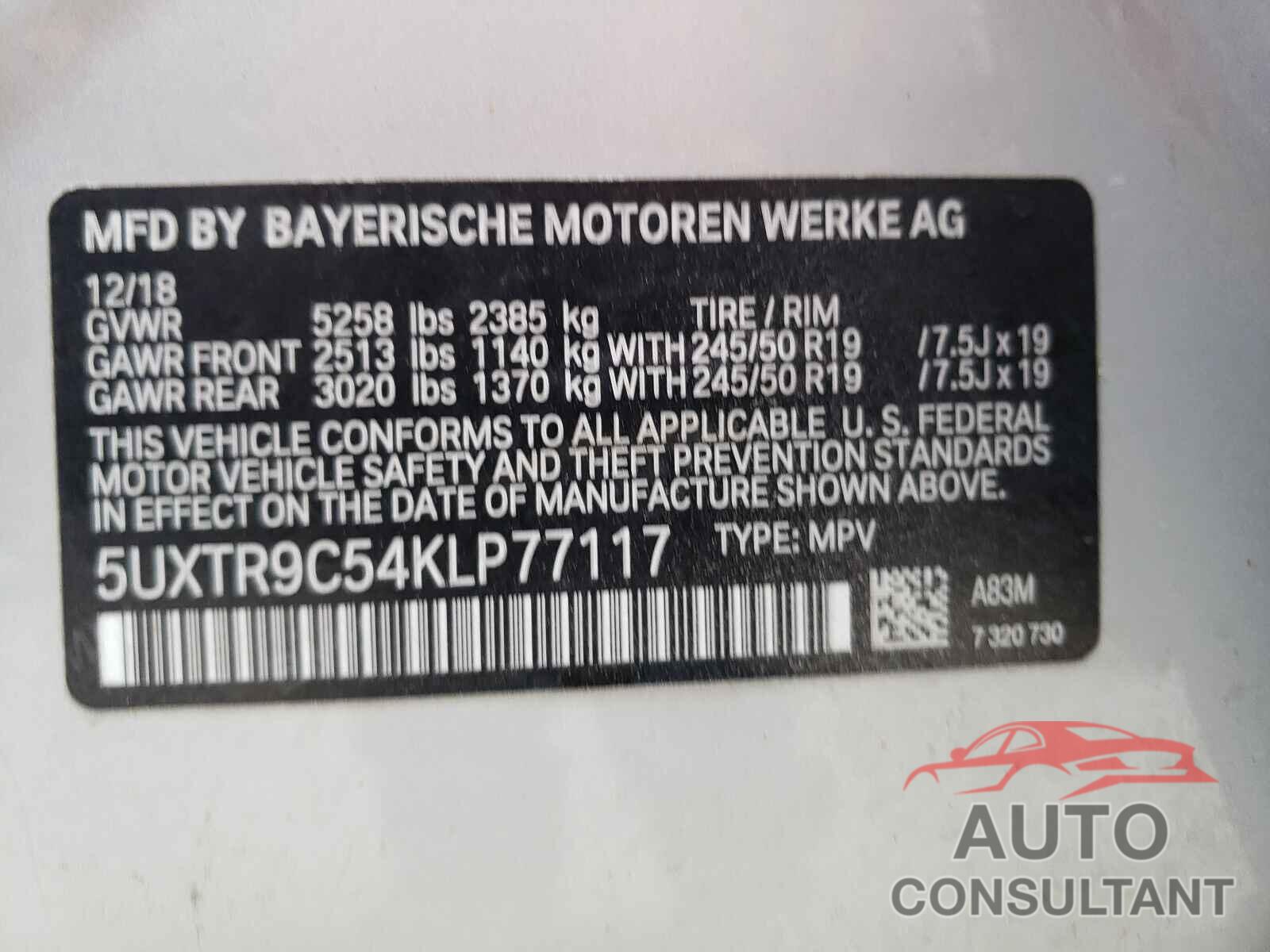 BMW X3 2019 - 5UXTR9C54KLP77117