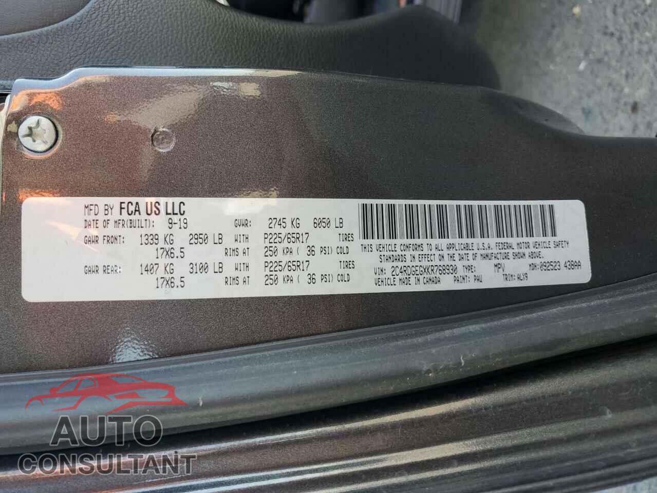 DODGE CARAVAN 2019 - 2C4RDGEGXKR768930