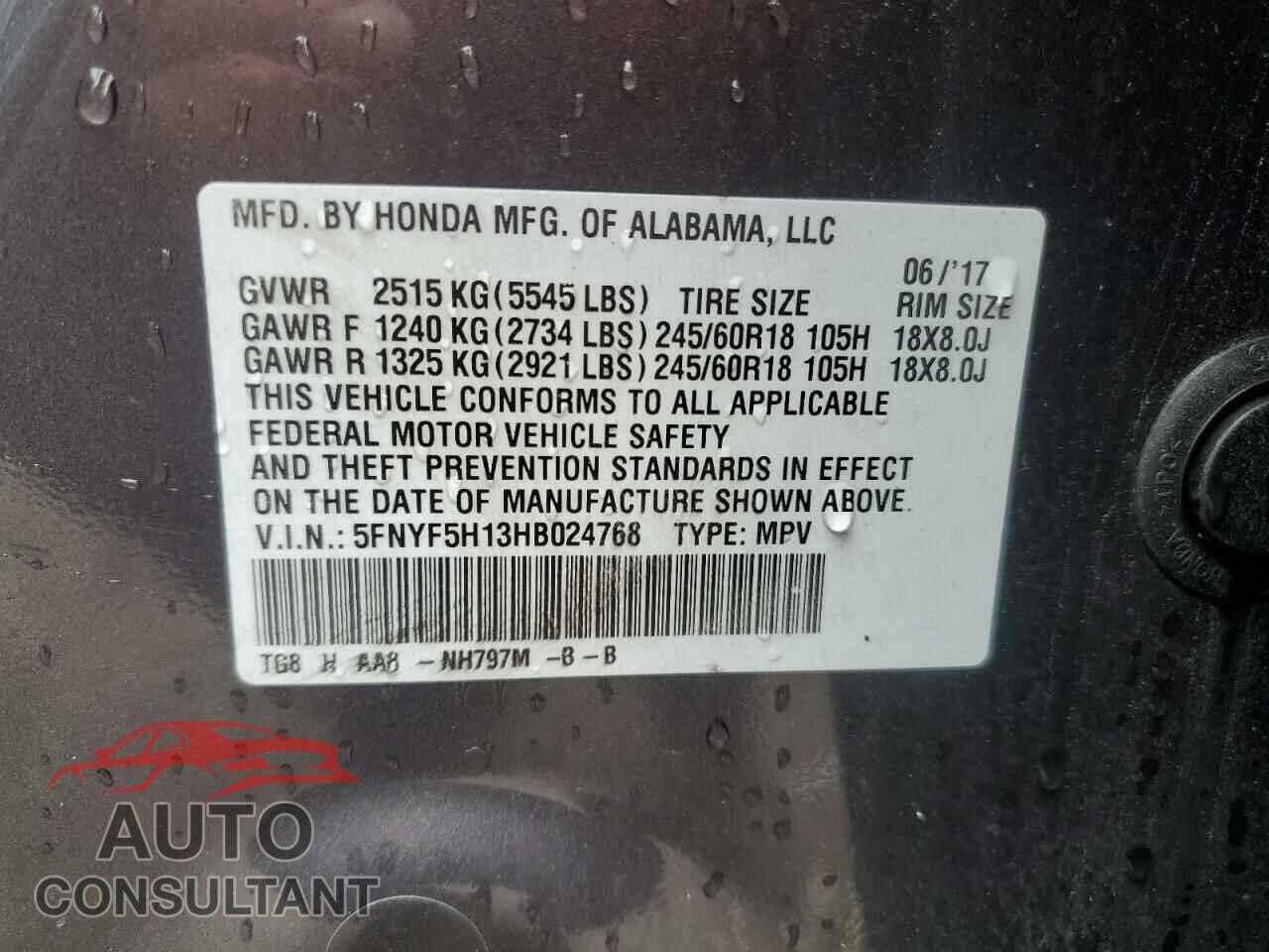 HONDA PILOT 2017 - 5FNYF5H13HB024768