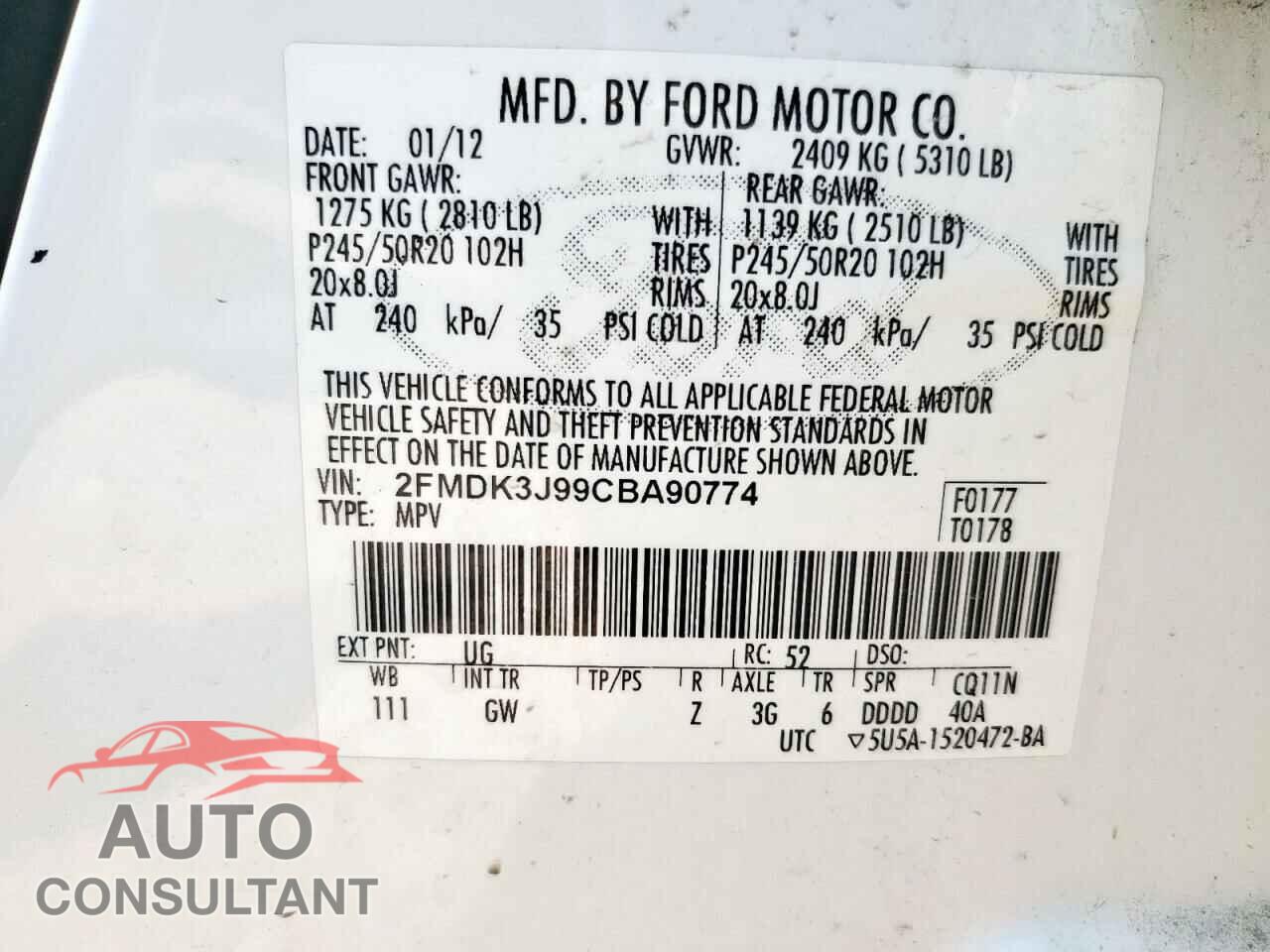 FORD EDGE 2012 - 2FMDK3J99CBA90774