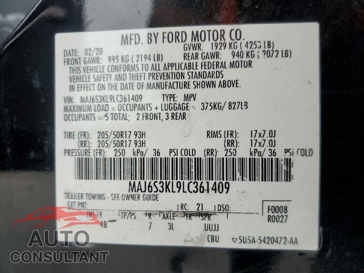 FORD ECOSPORT 2020 - MAJ6S3KL9LC361409