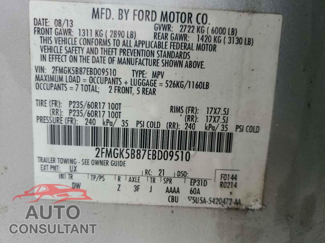 FORD FLEX 2014 - 2FMGK5B87EBD09510