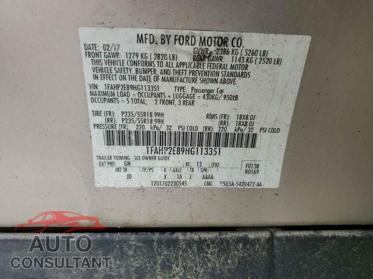 FORD TAURUS 2017 - 1FAHP2E89HG113351