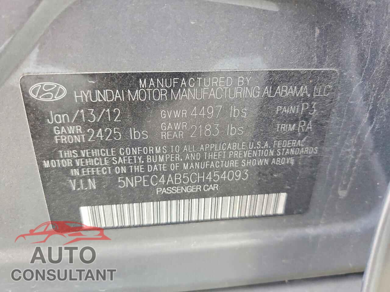 HYUNDAI SONATA 2012 - 5NPEC4AB5CH454093