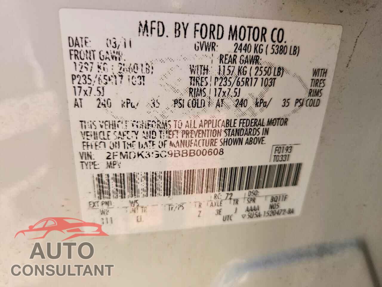 FORD EDGE 2011 - 2FMDK3GC9BBB00608