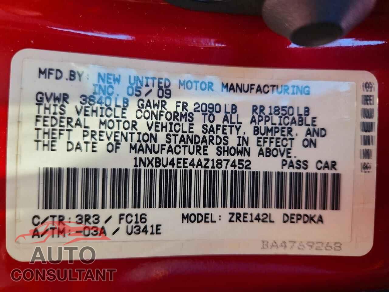 TOYOTA COROLLA 2010 - 1NXBU4EE4AZ187452