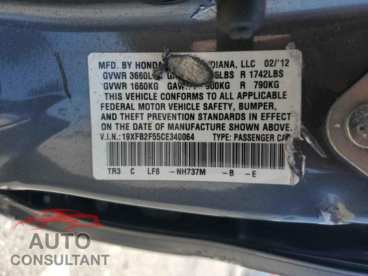 HONDA CIVIC 2012 - 19XFB2F55CE340064