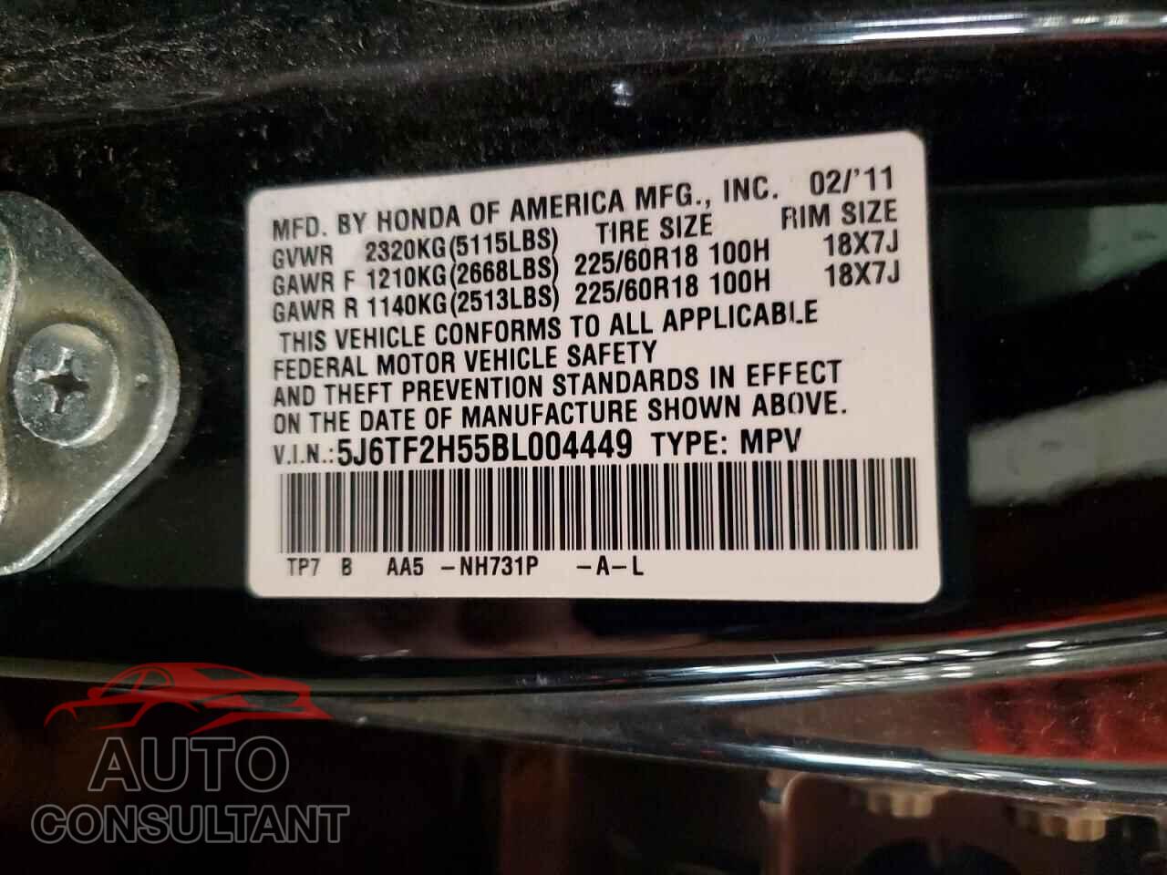 HONDA ACCORD 2011 - 5J6TF2H55BL004449
