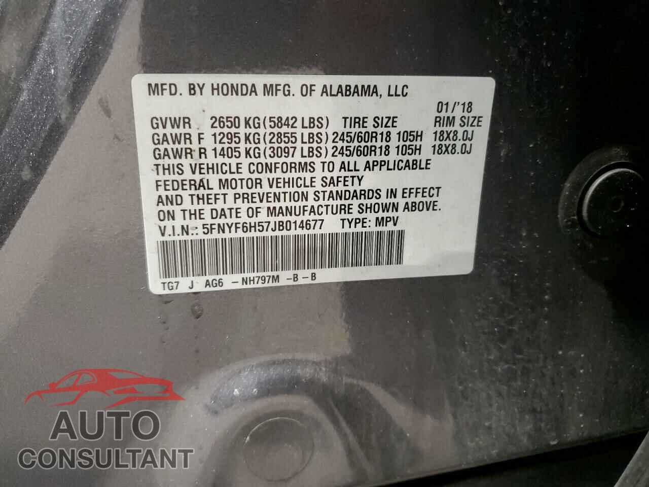 HONDA PILOT 2018 - 5FNYF6H57JB014677