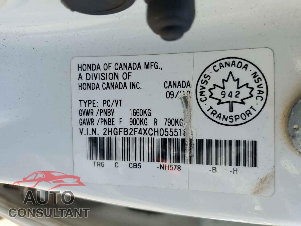 HONDA CIVIC 2012 - 2HGFB2F4XCH055518