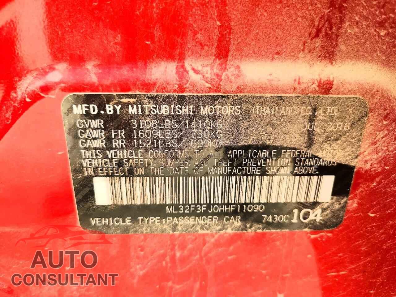 MITSUBISHI MIRAGE 2017 - ML32F3FJ0HHF11090
