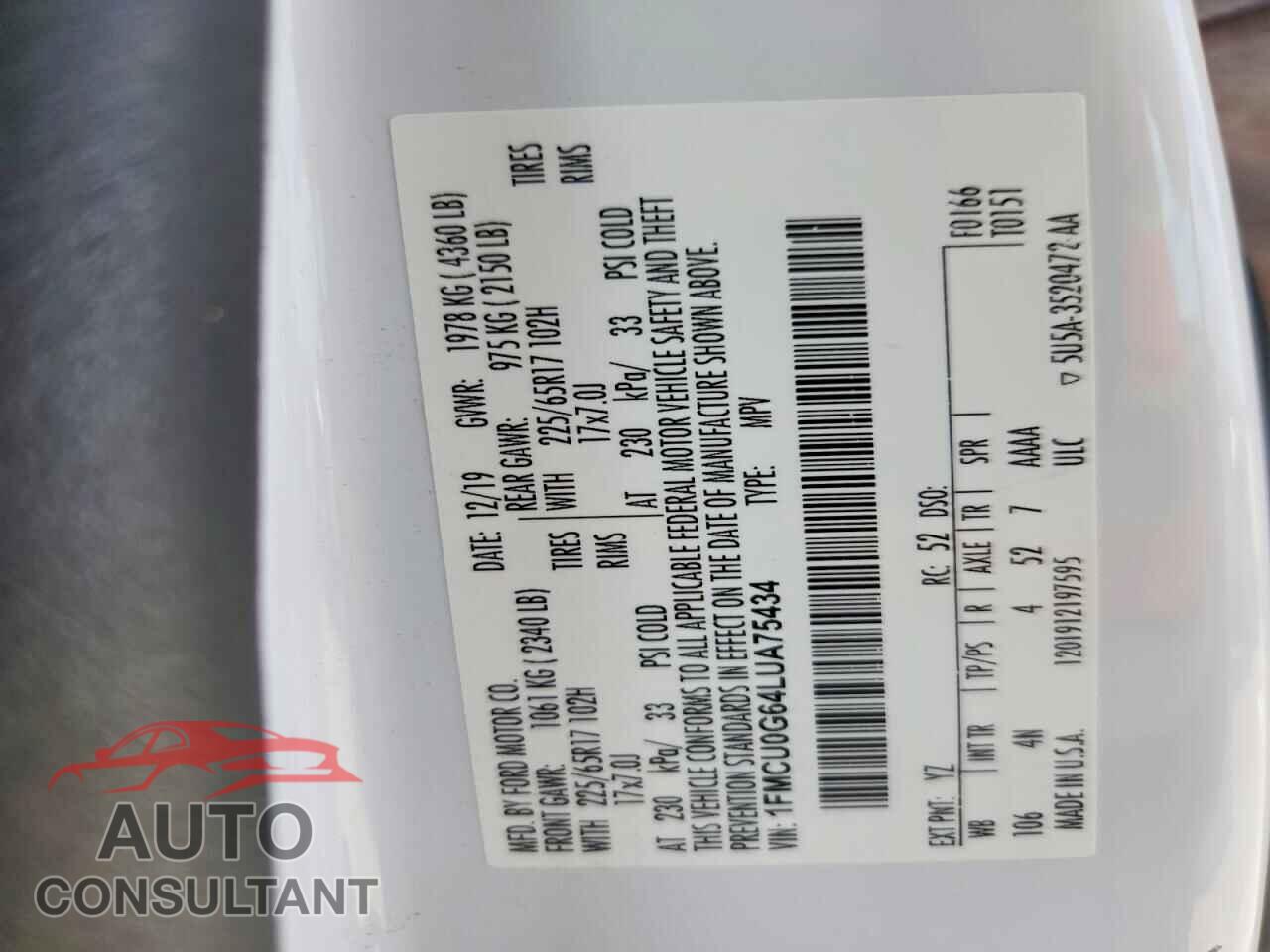 FORD ESCAPE 2020 - 1FMCU0G64LUA75434