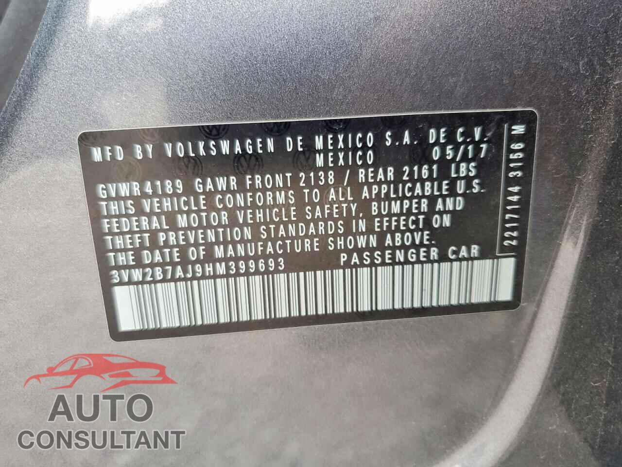 VOLKSWAGEN JETTA 2017 - 3VW2B7AJ9HM399693
