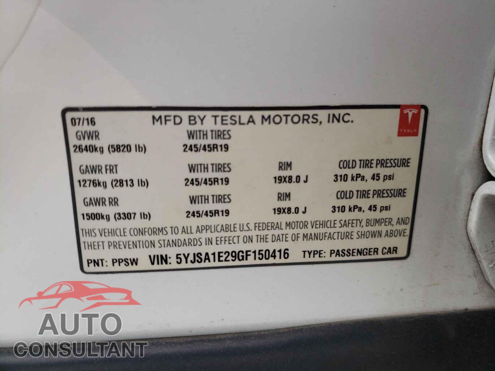 TESLA MODEL S 2016 - 5YJSA1E29GF150416