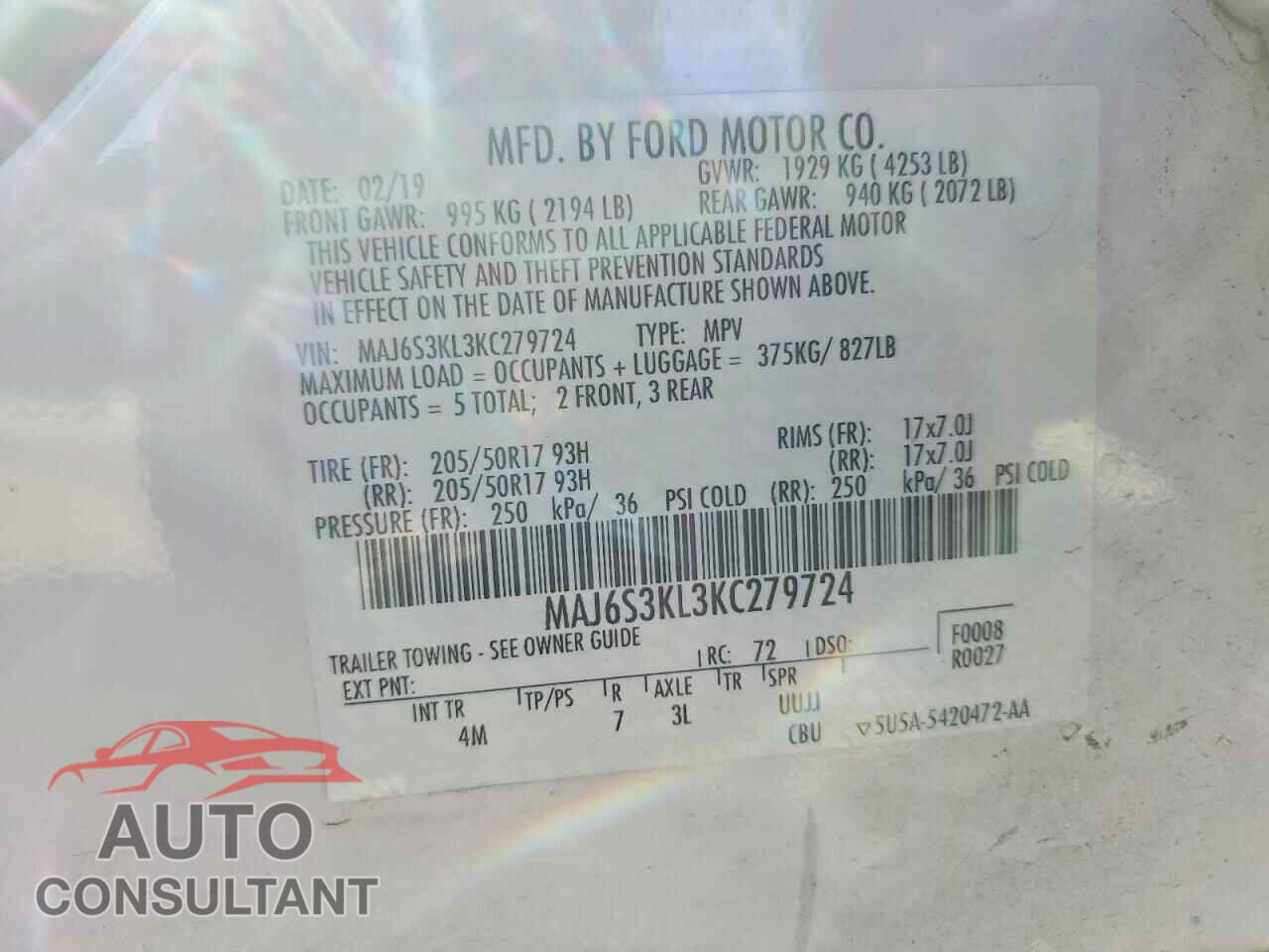 FORD ECOSPORT 2019 - MAJ6S3KL3KC279724