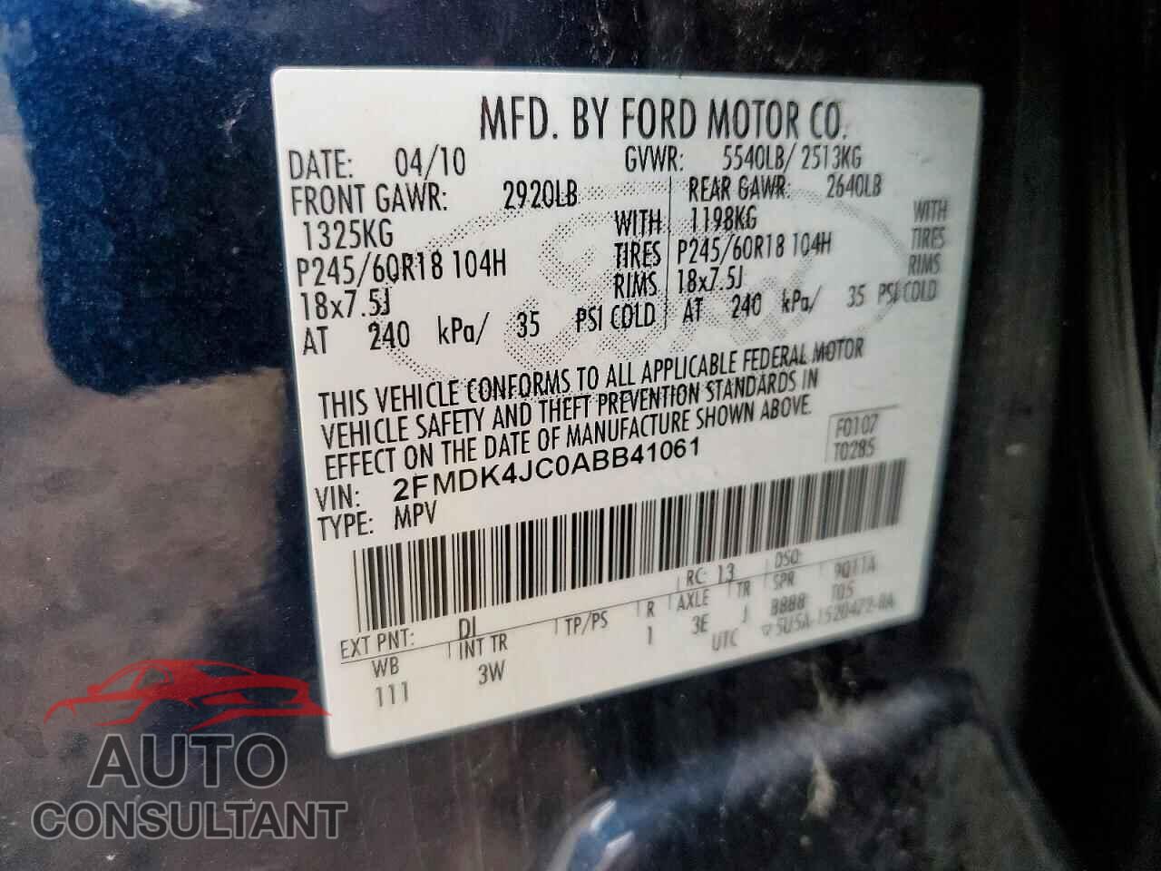 FORD EDGE 2010 - 2FMDK4JC0ABB41061