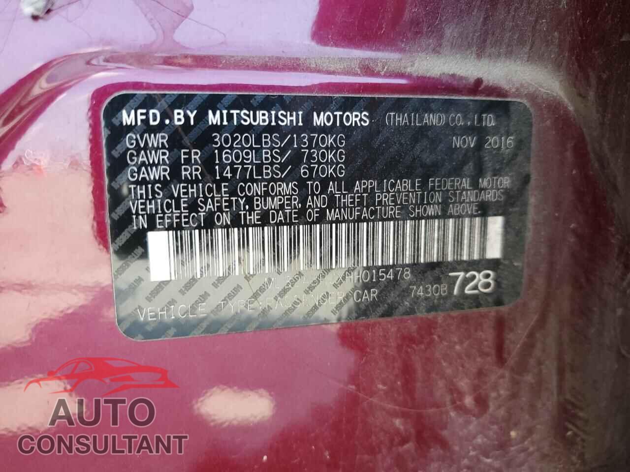 MITSUBISHI MIRAGE 2017 - ML32A3HJXHH015478