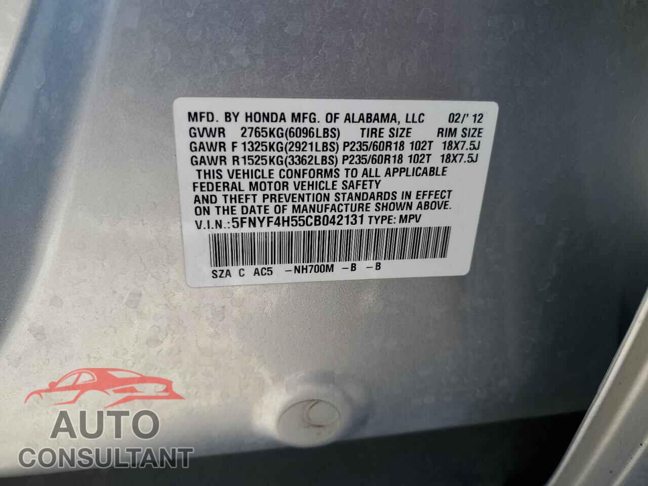 HONDA PILOT 2012 - 5FNYF4H55CB042131