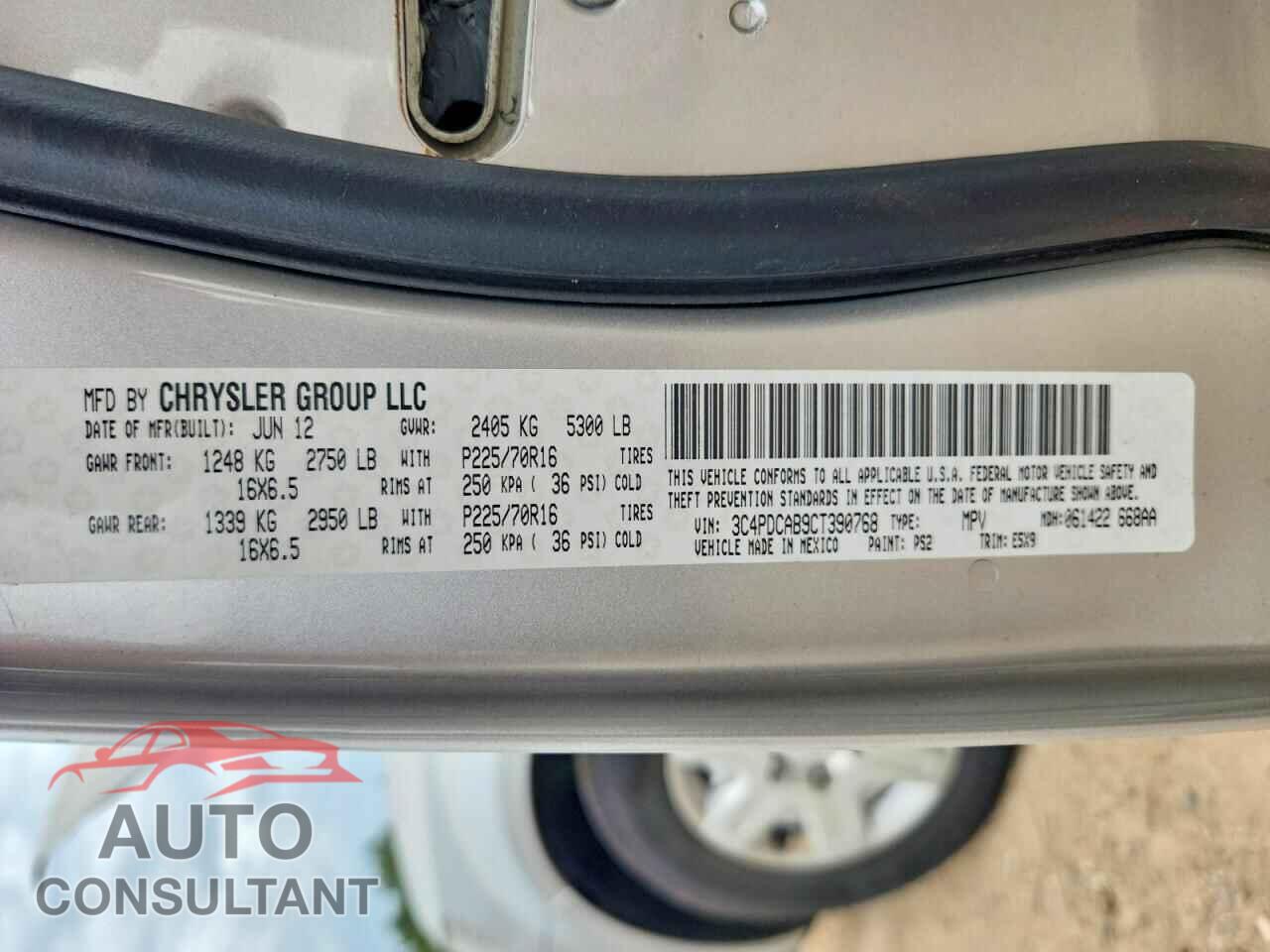 DODGE JOURNEY 2012 - 3C4PDCAB9CT390768
