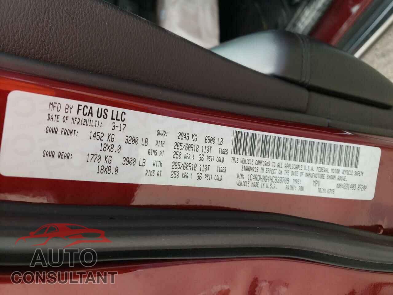 DODGE DURANGO 2017 - 1C4RDHAG4HC838709