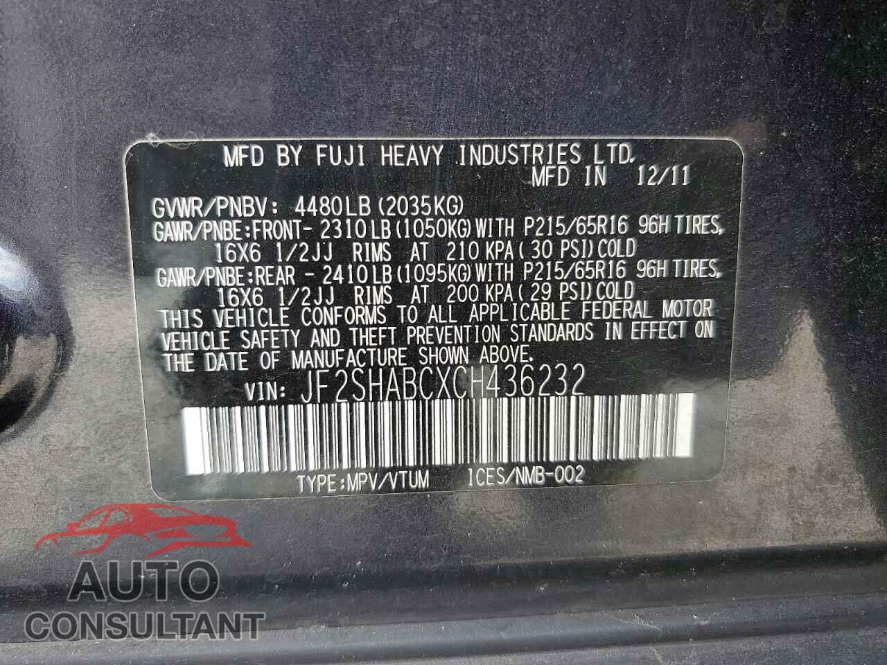 SUBARU FORESTER 2012 - JF2SHABCXCH436232