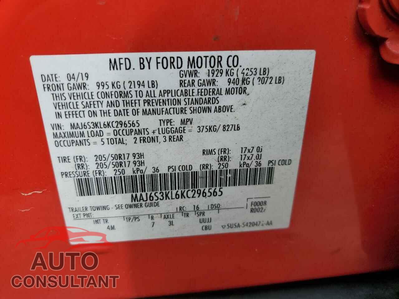 FORD ECOSPORT 2019 - MAJ6S3KL6KC296565