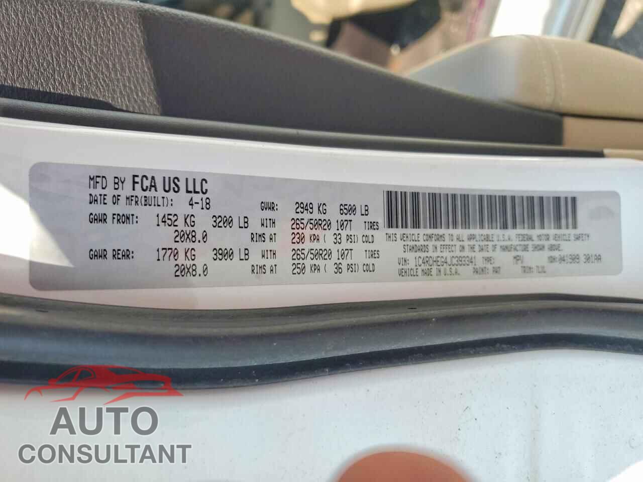 DODGE DURANGO 2018 - 1C4RDHEG4JC393341