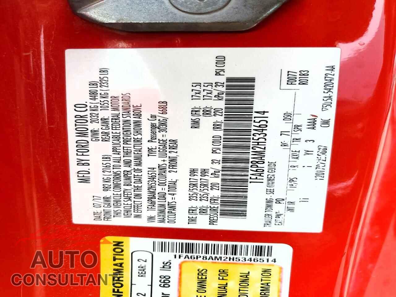 FORD MUSTANG 2017 - 1FA6P8AM2H5346514