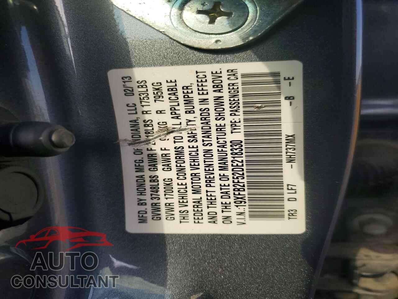 HONDA CIVIC 2013 - 19XFB2F52DE218330